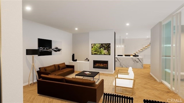 living room featuring light parquet floors