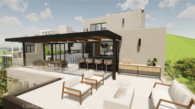 rear view of house with an outdoor living space, a pergola, an outdoor bar, and a patio