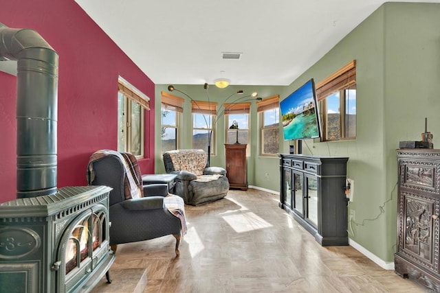 interior space with a wood stove