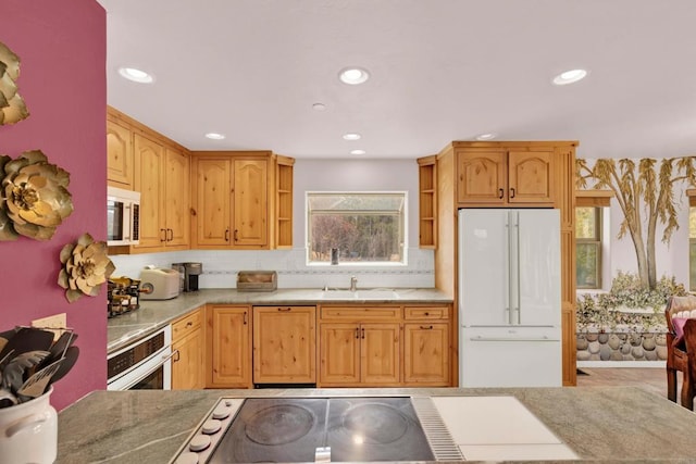 34667 Navajo Rd, Julian, CA 92036 - kitchen featuring white appliances, a sink, open shelves, tasteful backsplash, and recessed lighting