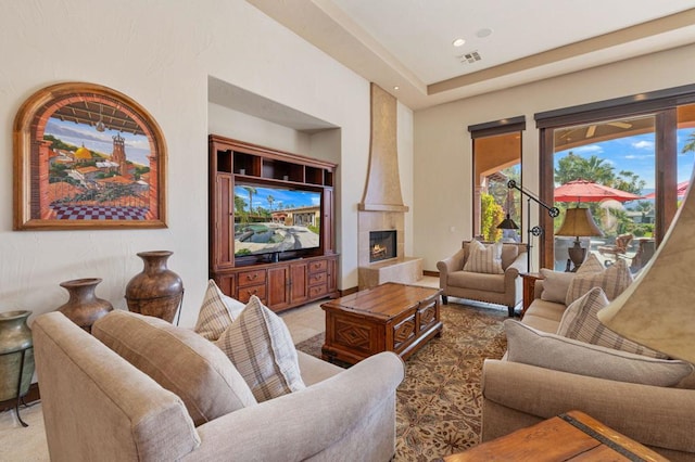 living room with a fireplace