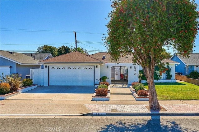 ranch-style home featuring a garage and a front lawn