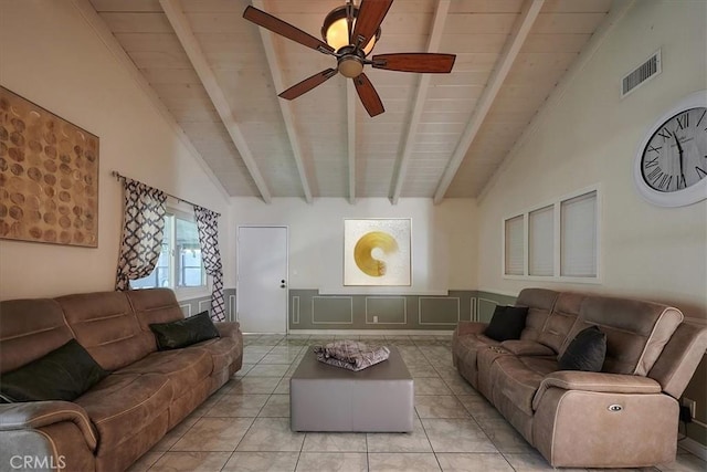 tiled living room featuring ceiling fan, beamed ceiling, wood ceiling, and high vaulted ceiling