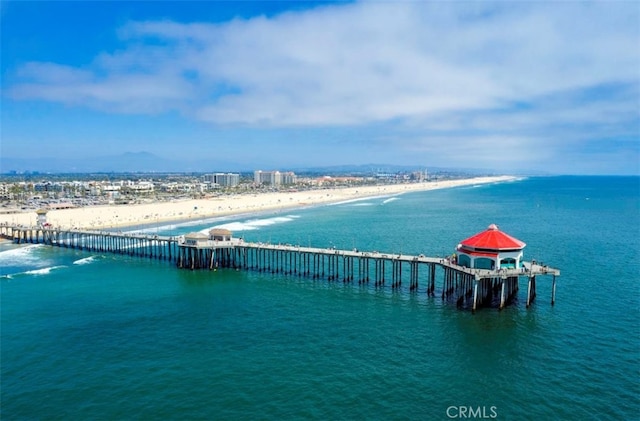 bird's eye view featuring a view of the beach and a water view