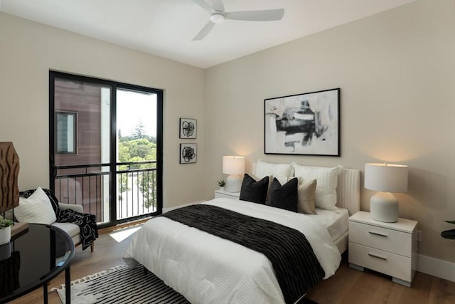 bedroom with hardwood / wood-style flooring, access to exterior, and ceiling fan