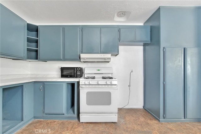 kitchen featuring a textured ceiling, blue cabinetry, and white range with gas cooktop