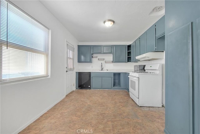 kitchen with black dishwasher, white range with gas stovetop, and sink