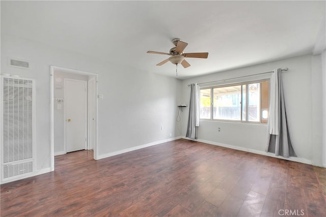 empty room featuring ceiling fan and dark wood-type flooring