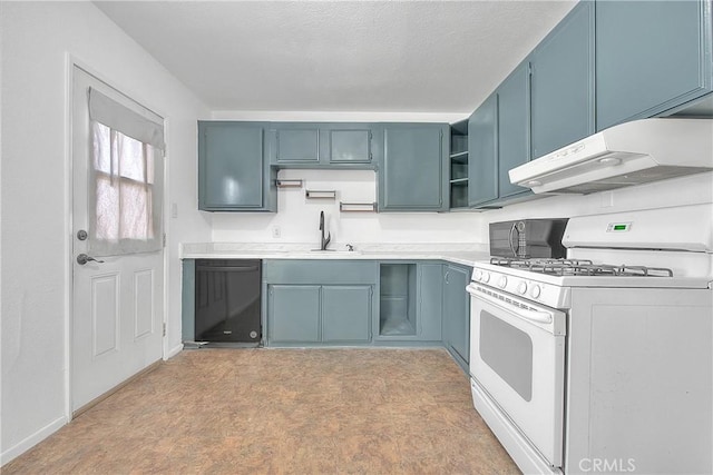 kitchen featuring black dishwasher, blue cabinets, white gas range, and sink