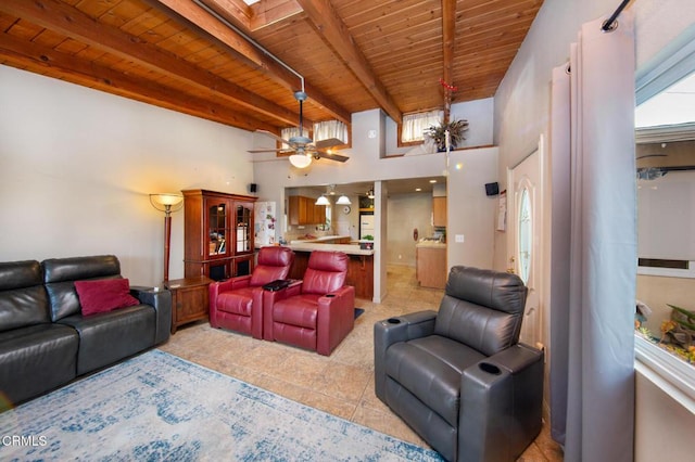 living room featuring beam ceiling, ceiling fan, a high ceiling, light tile patterned flooring, and wood ceiling