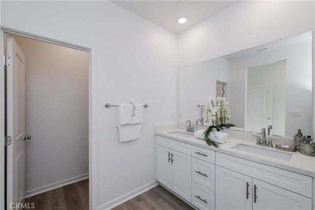 bathroom with wood-type flooring and vanity