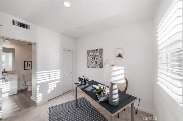 office area with sink and carpet flooring