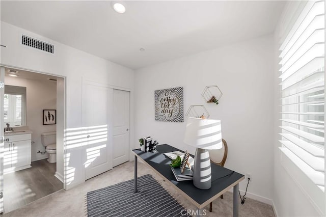 office with light carpet, a sink, visible vents, and baseboards