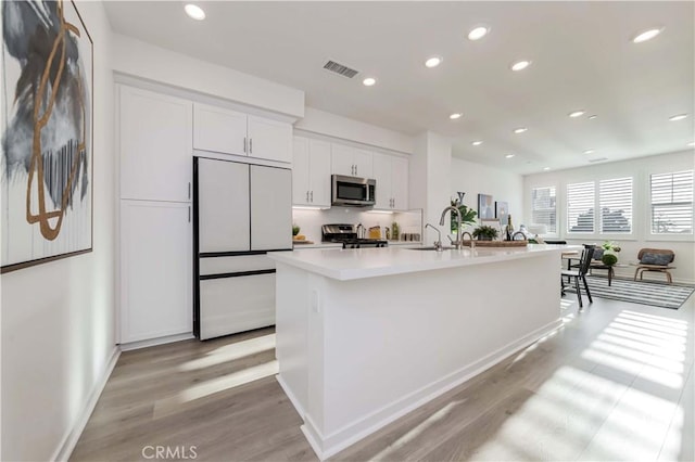 kitchen with light wood finished floors, visible vents, white cabinets, a kitchen island with sink, and stainless steel appliances