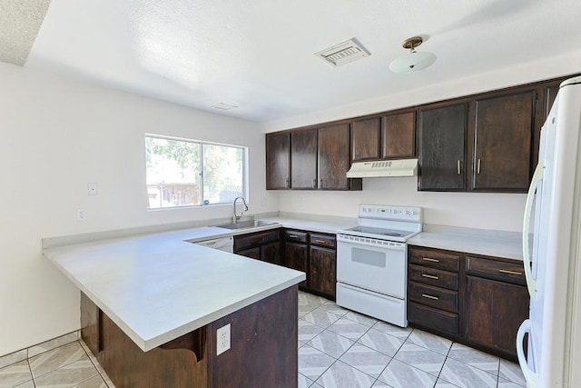 kitchen with sink, kitchen peninsula, white appliances, a breakfast bar, and dark brown cabinets