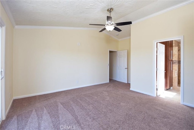 unfurnished bedroom with ceiling fan, carpet floors, and connected bathroom