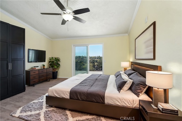 bedroom featuring ceiling fan, ornamental molding, light carpet, and access to outside