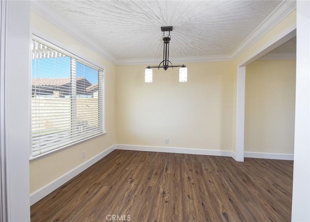 unfurnished dining area featuring a wealth of natural light, dark hardwood / wood-style flooring, and ornamental molding