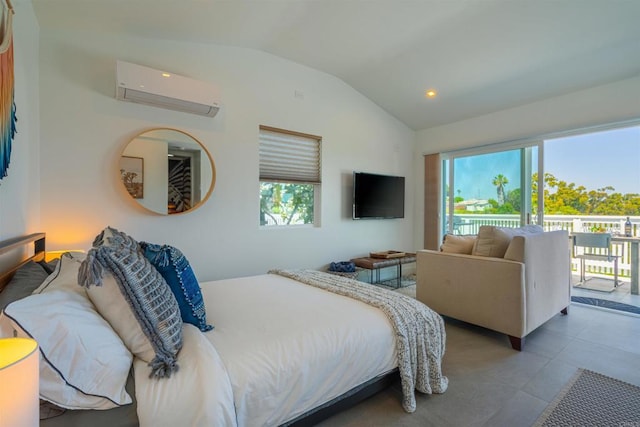 bedroom with a wall unit AC, lofted ceiling, and access to outside