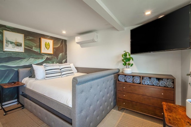 bedroom featuring beamed ceiling and an AC wall unit