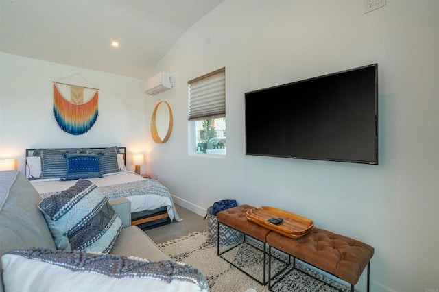 carpeted bedroom with a wall unit AC and vaulted ceiling