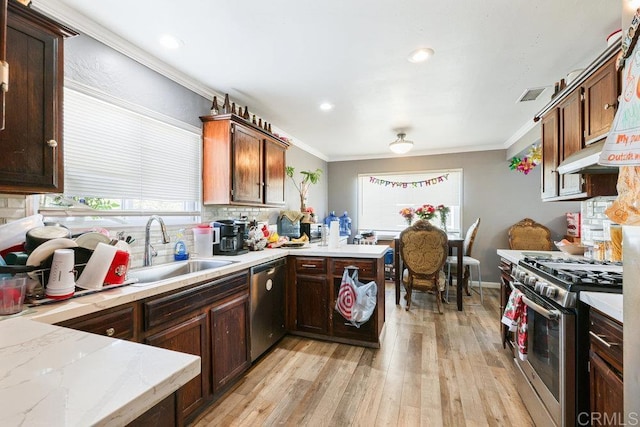 kitchen featuring ornamental molding, appliances with stainless steel finishes, light hardwood / wood-style floors, and sink