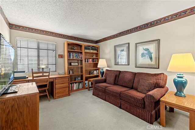 home office featuring light carpet and a textured ceiling