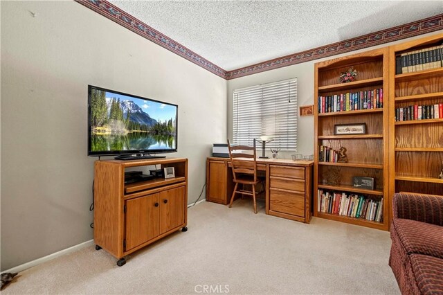 office space featuring light carpet and a textured ceiling