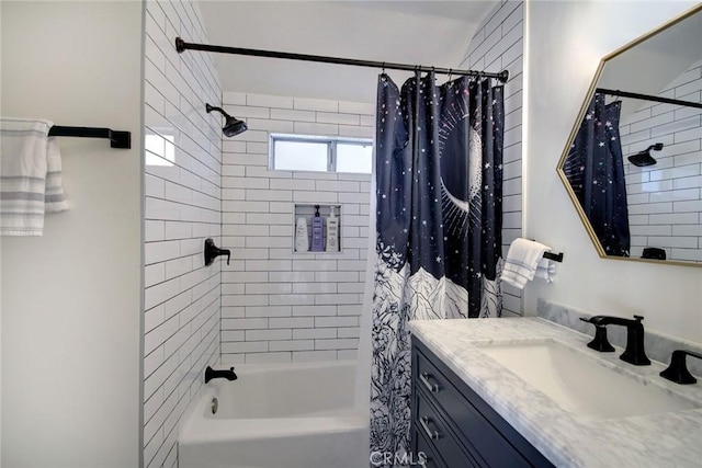 bathroom featuring vanity and shower / bath combo with shower curtain