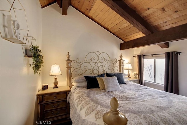 bedroom featuring vaulted ceiling with beams and wood ceiling