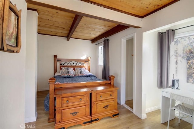 bedroom with beamed ceiling, light hardwood / wood-style floors, and wood ceiling