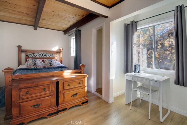 bedroom with wood ceiling, light hardwood / wood-style floors, and beam ceiling