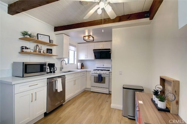 kitchen with white cabinetry, sink, wood counters, beamed ceiling, and appliances with stainless steel finishes