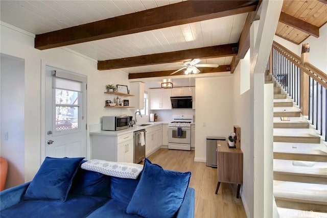 kitchen with sink, light wood-type flooring, white cabinetry, wood ceiling, and stainless steel appliances