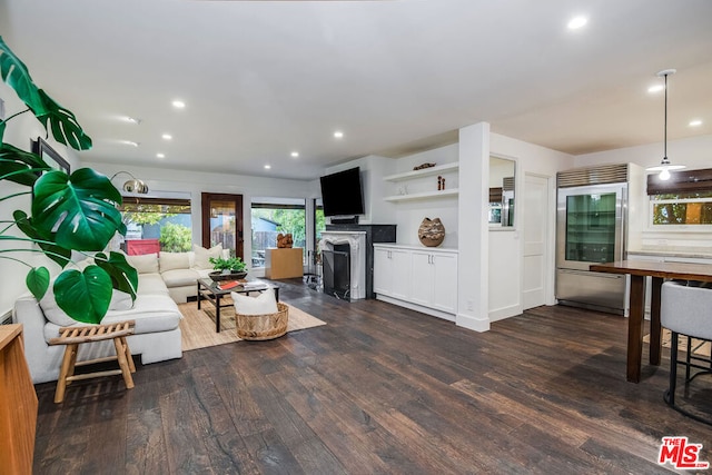 living room with dark hardwood / wood-style flooring