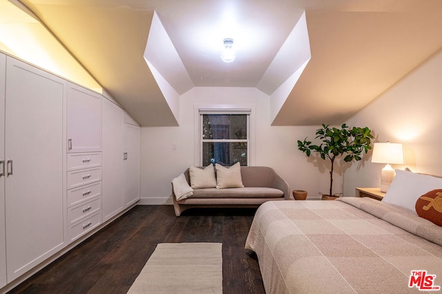 bedroom with vaulted ceiling and dark hardwood / wood-style flooring