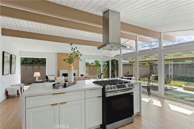 kitchen featuring plenty of natural light, stainless steel gas range oven, and island range hood