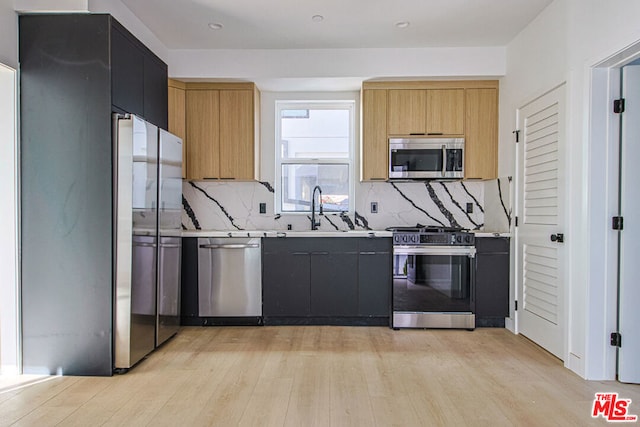 kitchen featuring tasteful backsplash, appliances with stainless steel finishes, sink, and light hardwood / wood-style flooring