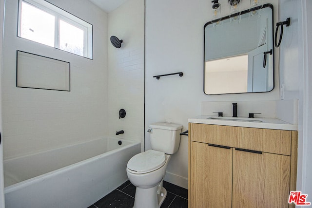 full bathroom with tiled shower / bath combo, vanity, tile patterned floors, and toilet