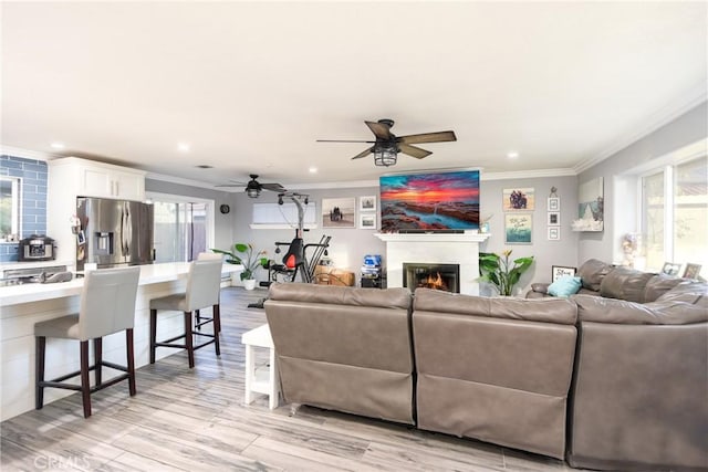 living room featuring crown molding, ceiling fan, a healthy amount of sunlight, and light wood-type flooring