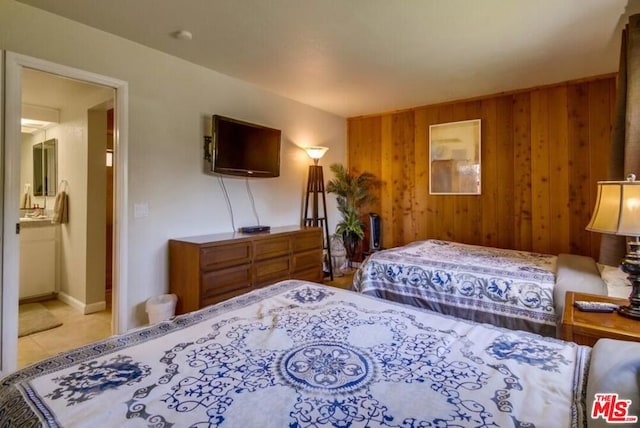 tiled bedroom with wood walls