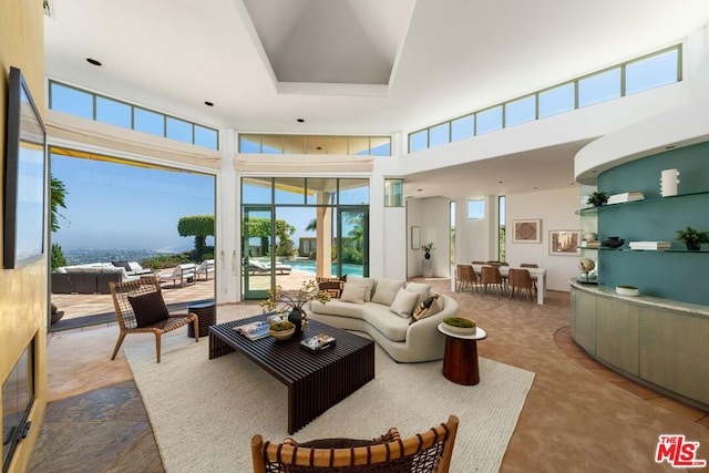 living room featuring a high ceiling