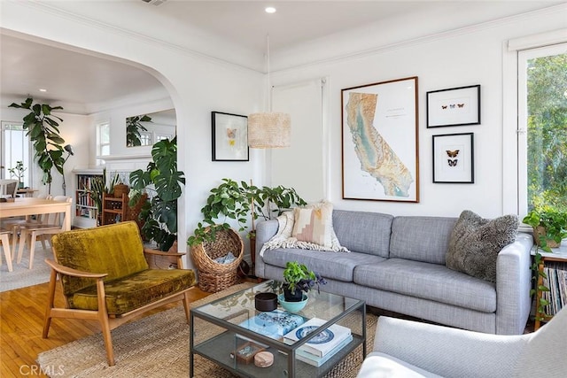 living room with hardwood / wood-style floors and crown molding