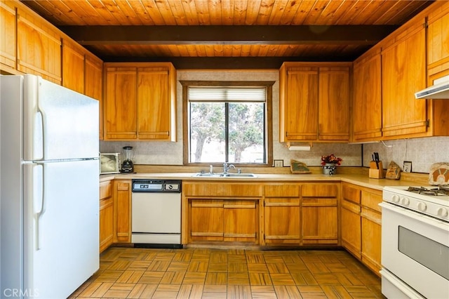 kitchen with sink, wooden ceiling, tasteful backsplash, light parquet floors, and white appliances