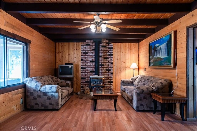 living room featuring a wood stove, wooden walls, and hardwood / wood-style flooring