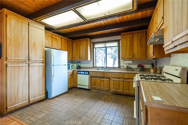 kitchen featuring beam ceiling, white appliances, backsplash, and wooden ceiling