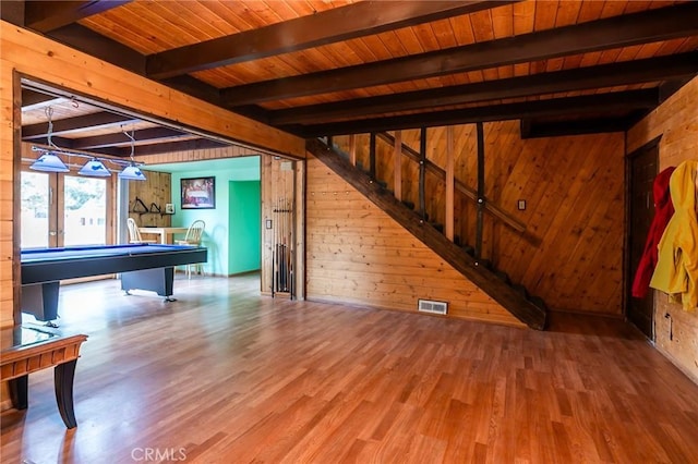 playroom with wooden ceiling, wooden walls, pool table, beam ceiling, and wood-type flooring