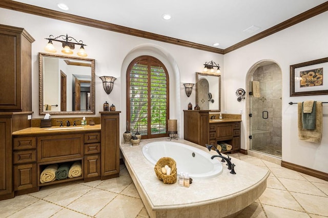 bathroom featuring tile patterned floors, vanity, ornamental molding, and independent shower and bath