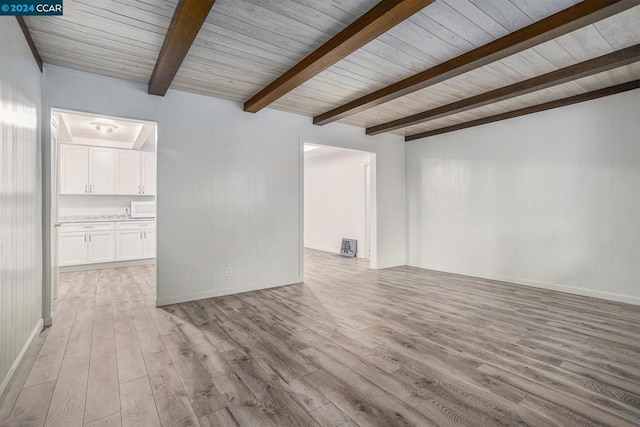 empty room featuring beam ceiling, light hardwood / wood-style floors, and wooden ceiling