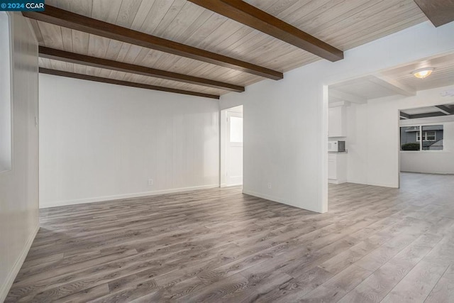 unfurnished living room with beam ceiling, wooden ceiling, and light hardwood / wood-style flooring